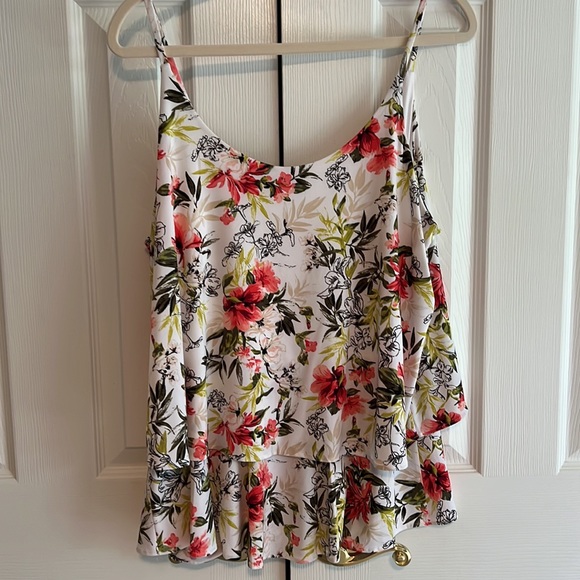 WHBM tank with spaghetti straps. White with black, pink, peach, greens - Picture 2 of 5